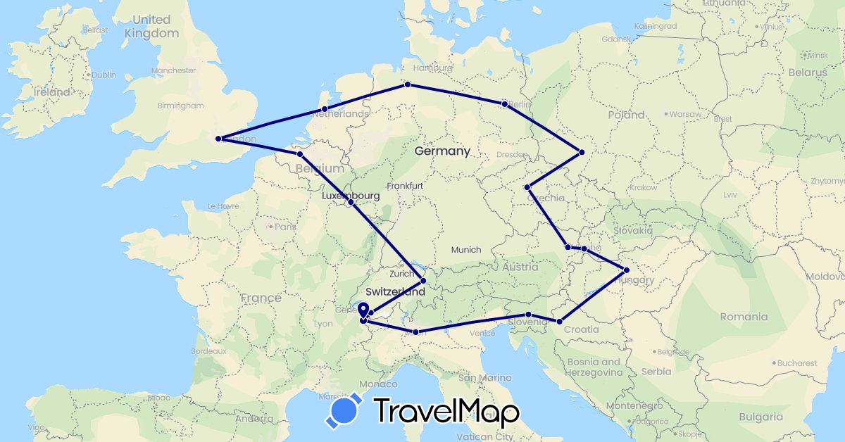 TravelMap itinerary: driving in Austria, Belgium, Switzerland, Czech Republic, Germany, France, United Kingdom, Croatia, Hungary, Italy, Liechtenstein, Luxembourg, Netherlands, Poland, Slovenia, Slovakia (Europe)